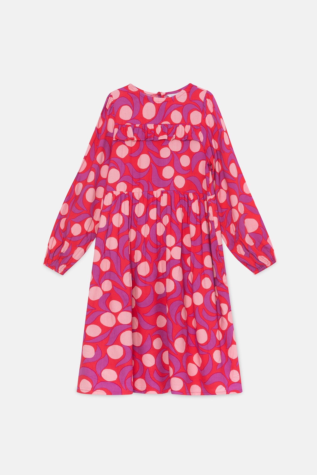 Vestido midi de niña con volante y estampado fantasía rosa
