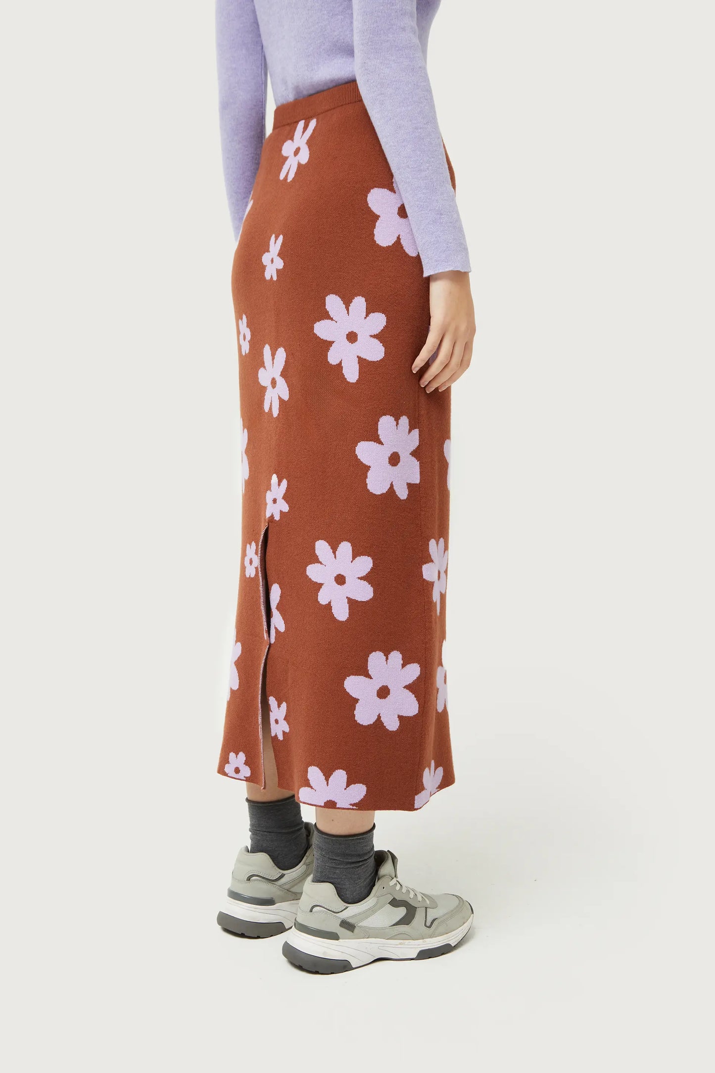 Brown floral print jacquard knit skirt