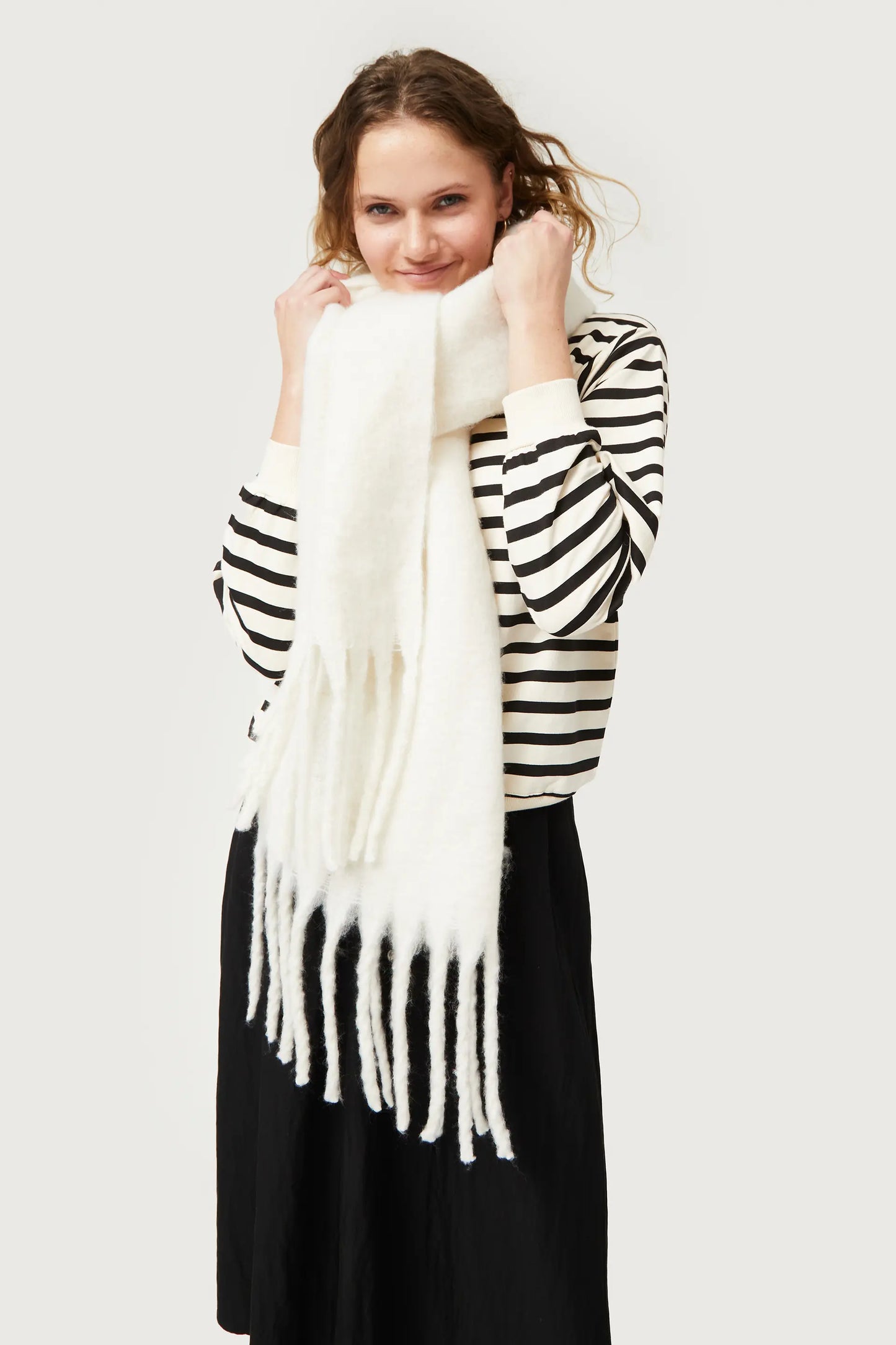 Long white fringed scarf