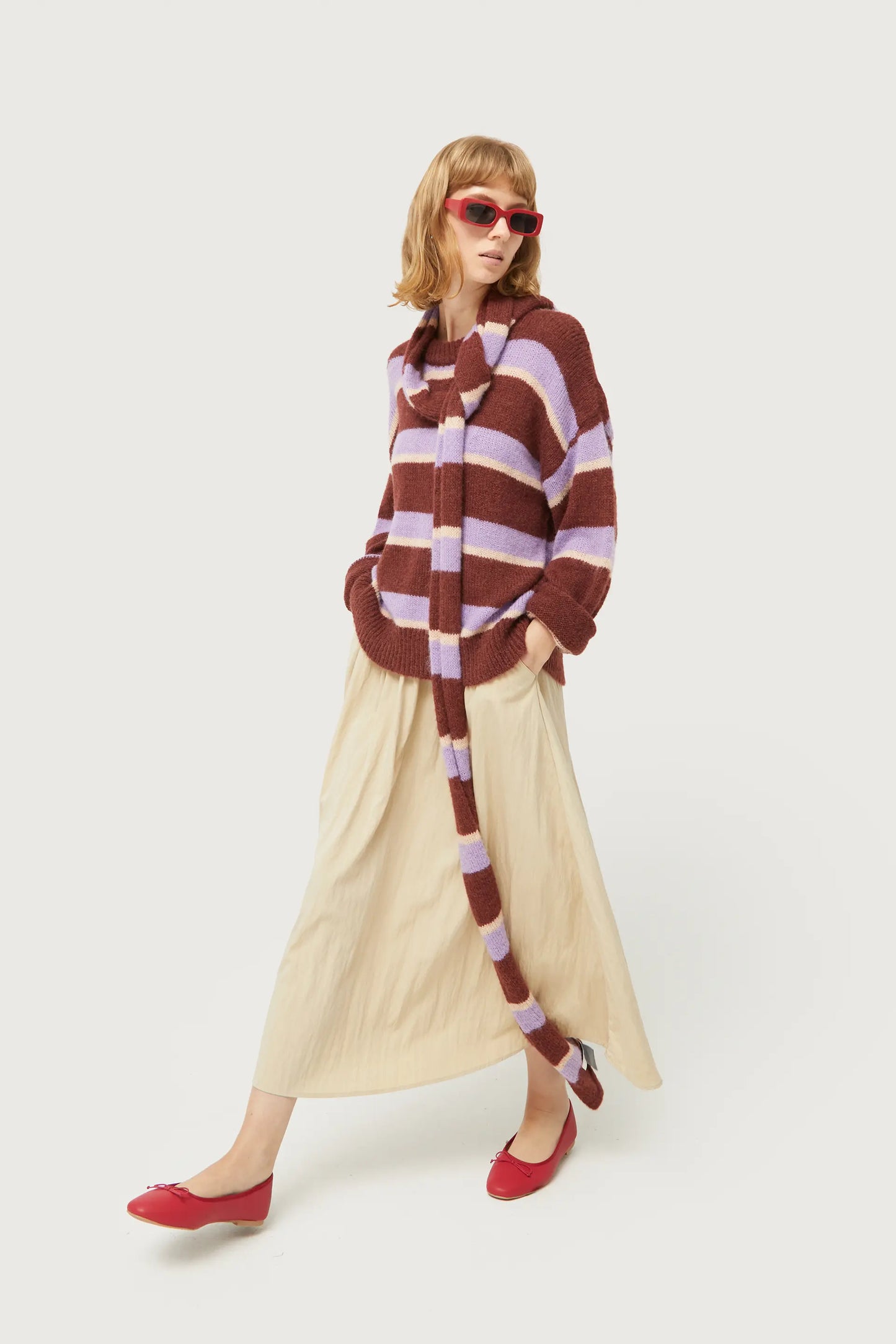 Long brown striped knitted scarf