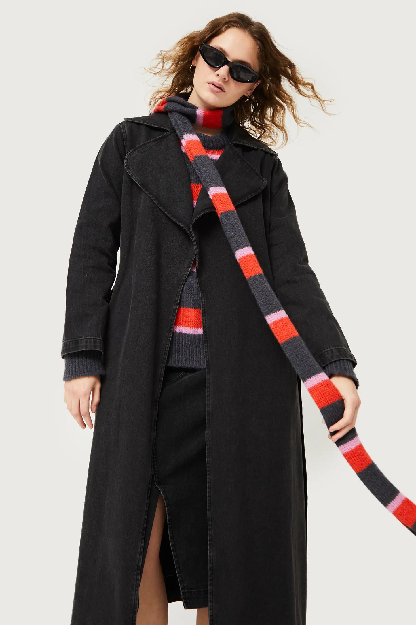 Long red striped knitted scarf