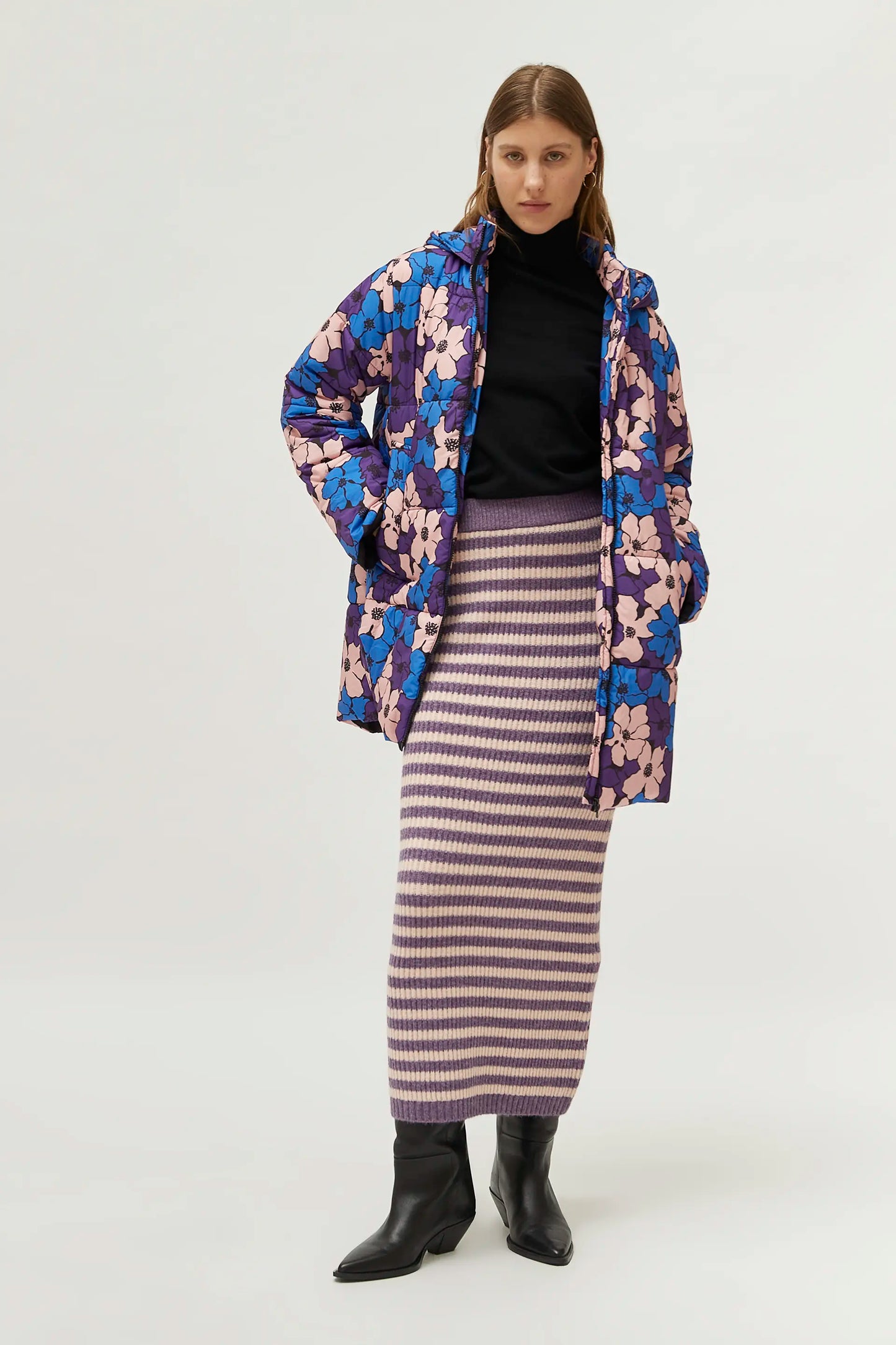 Falda larga de punto rayas moradas