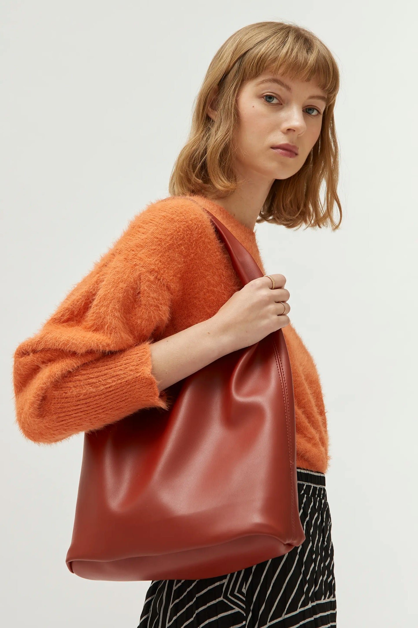 Brown faux leather shoulder shopper bag