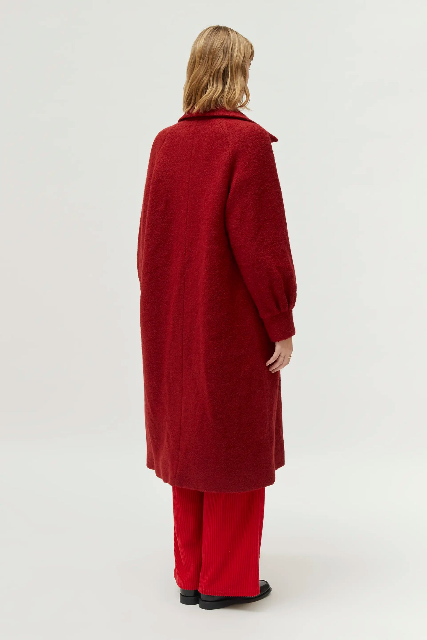 Red bouclé midi coat
