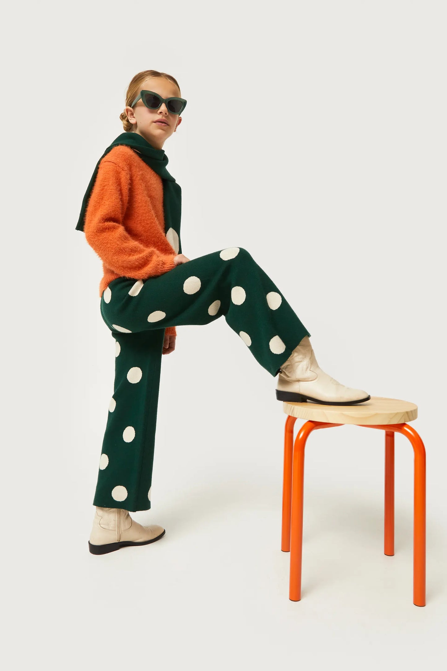 Girl's white polka dot printed jacquard knit pants