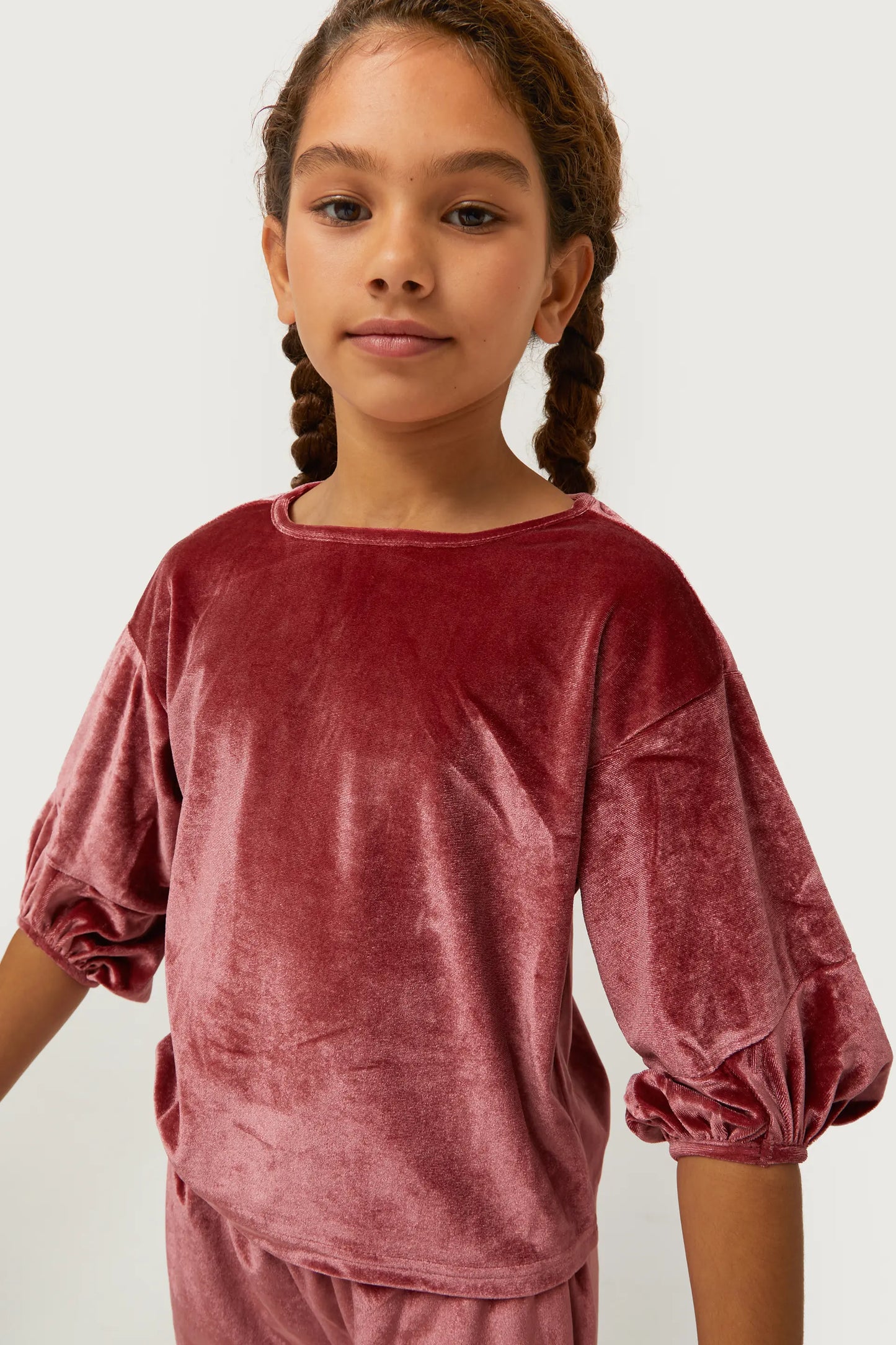 Top de niña de terciopelo manga abullonada rosa