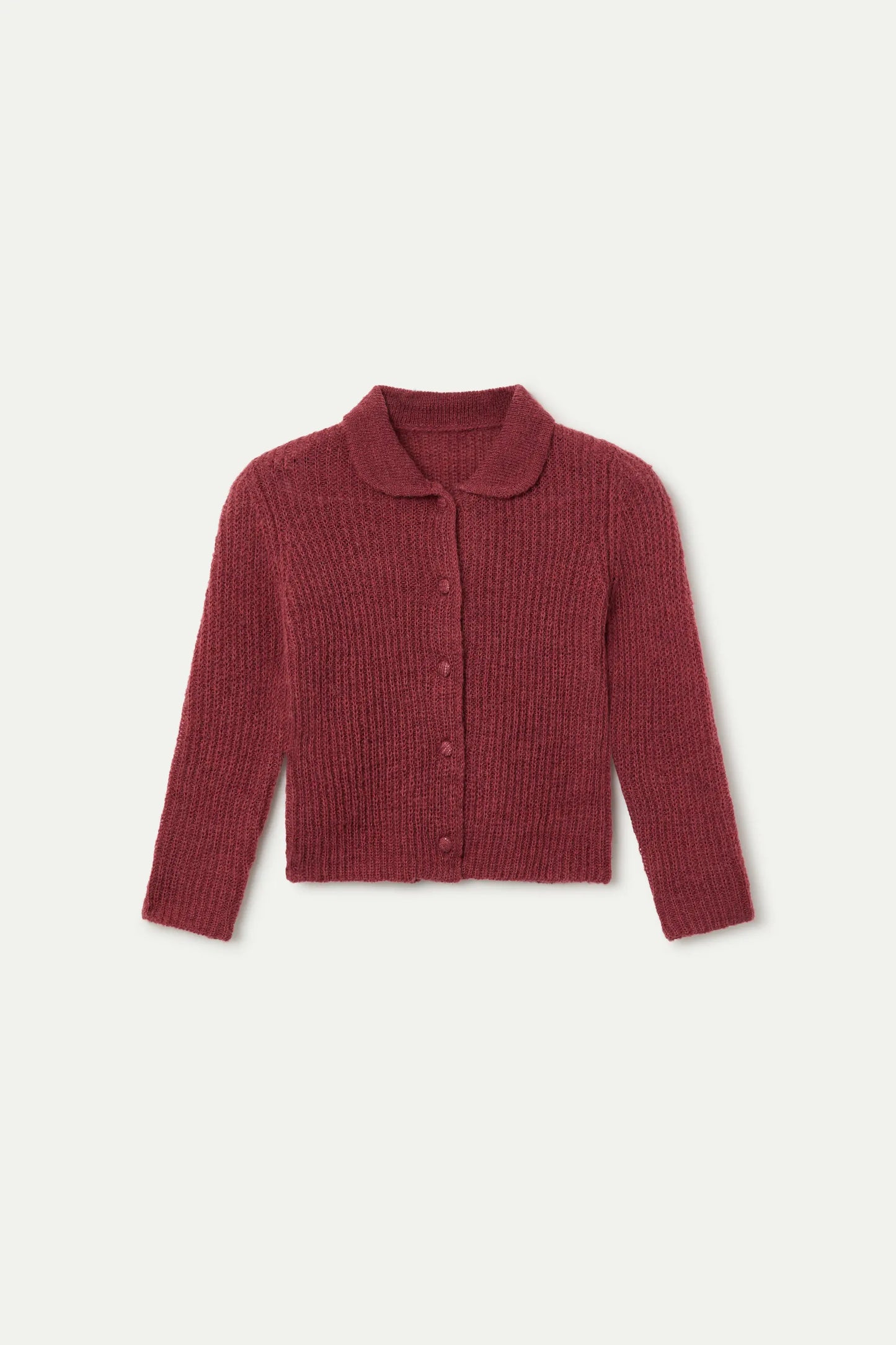 Burgundy knit cardigan with a bow neckline and buttons down the front.