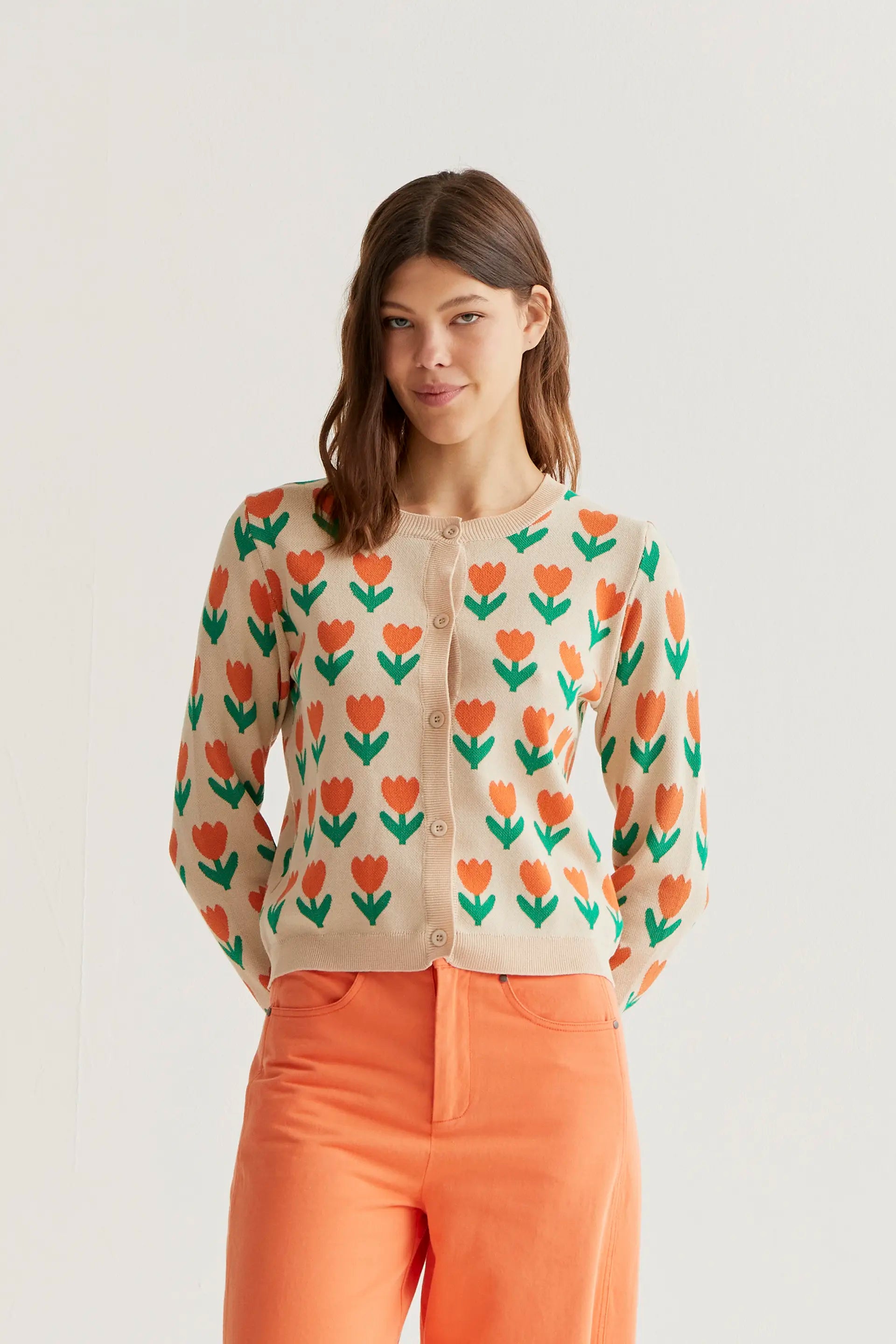 Orange Tulip Print Knit Cardigan - Fantastic Company – Compañía