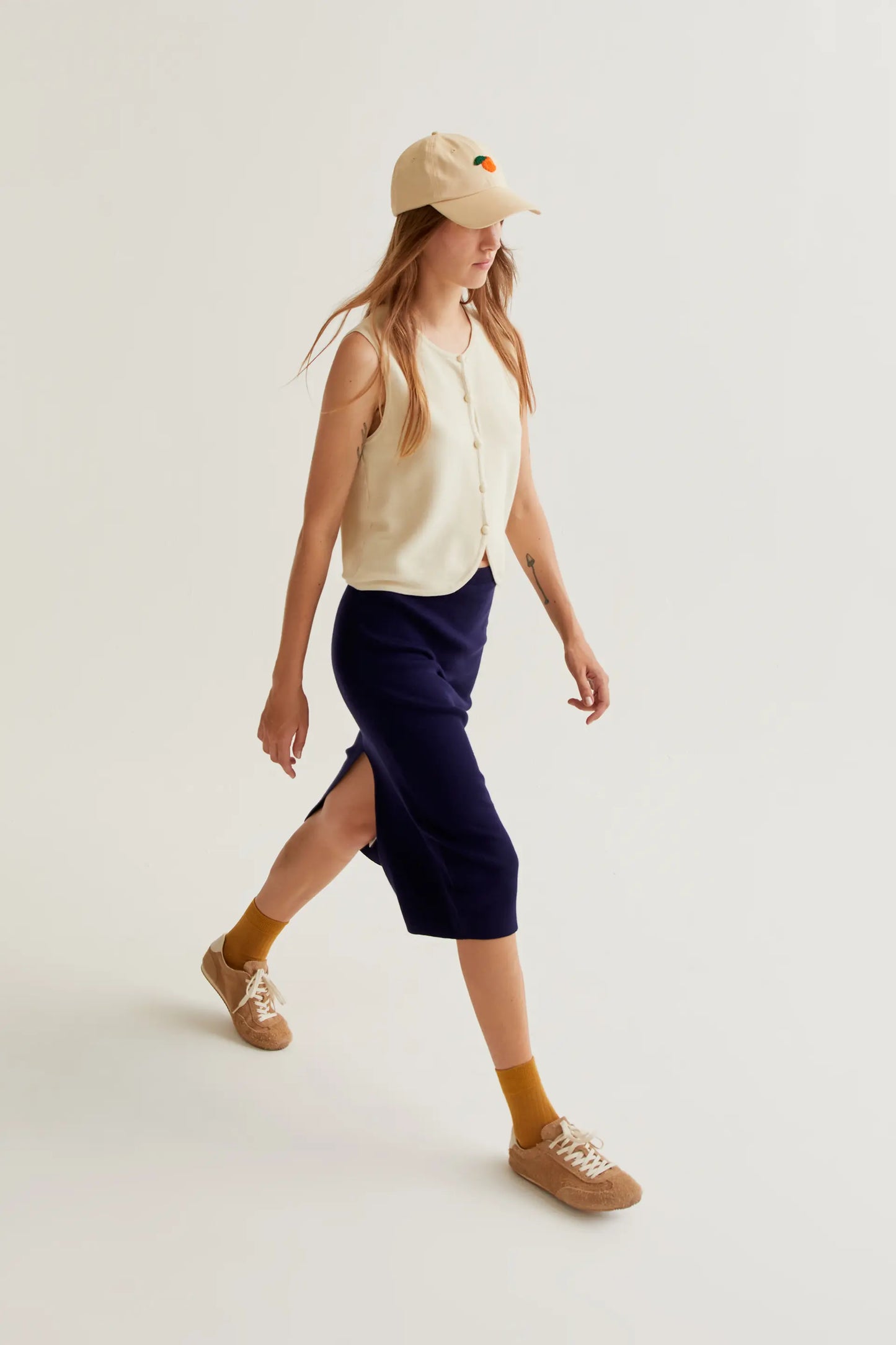 Falda midi punto azul marino