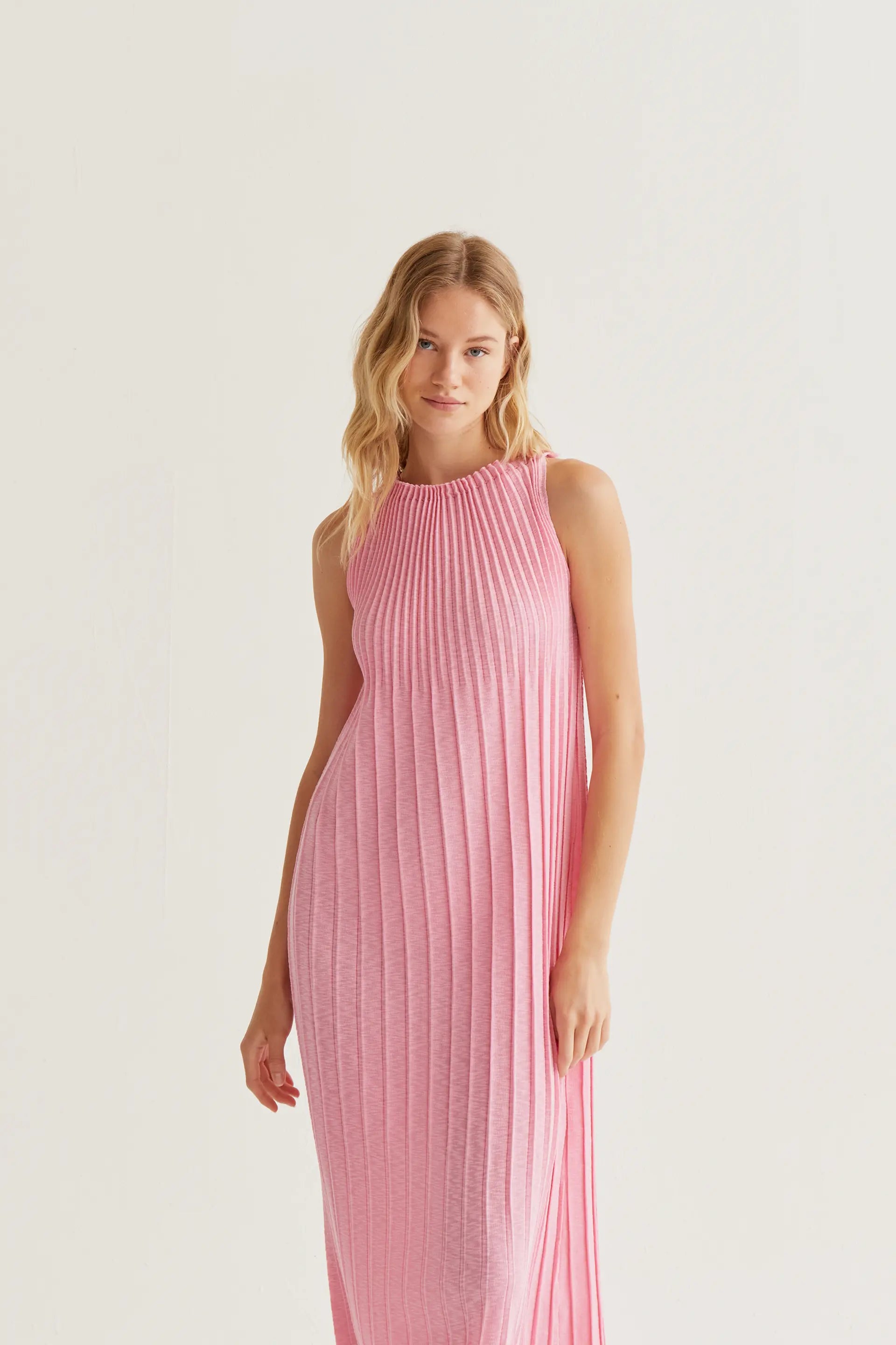 pink pleated maxi dress Long pleated pink dress