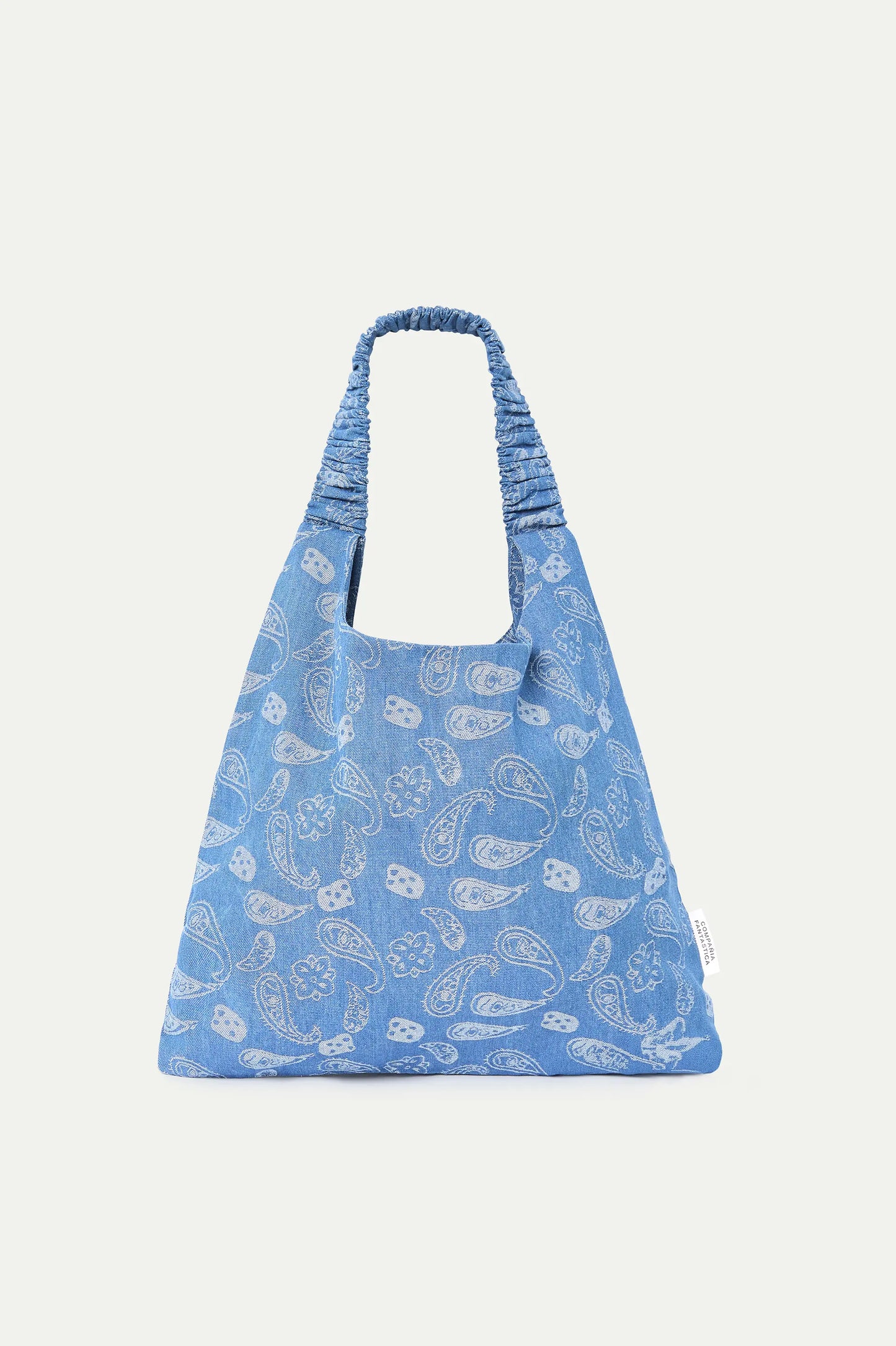Borsa in denim blu con stampa paisley