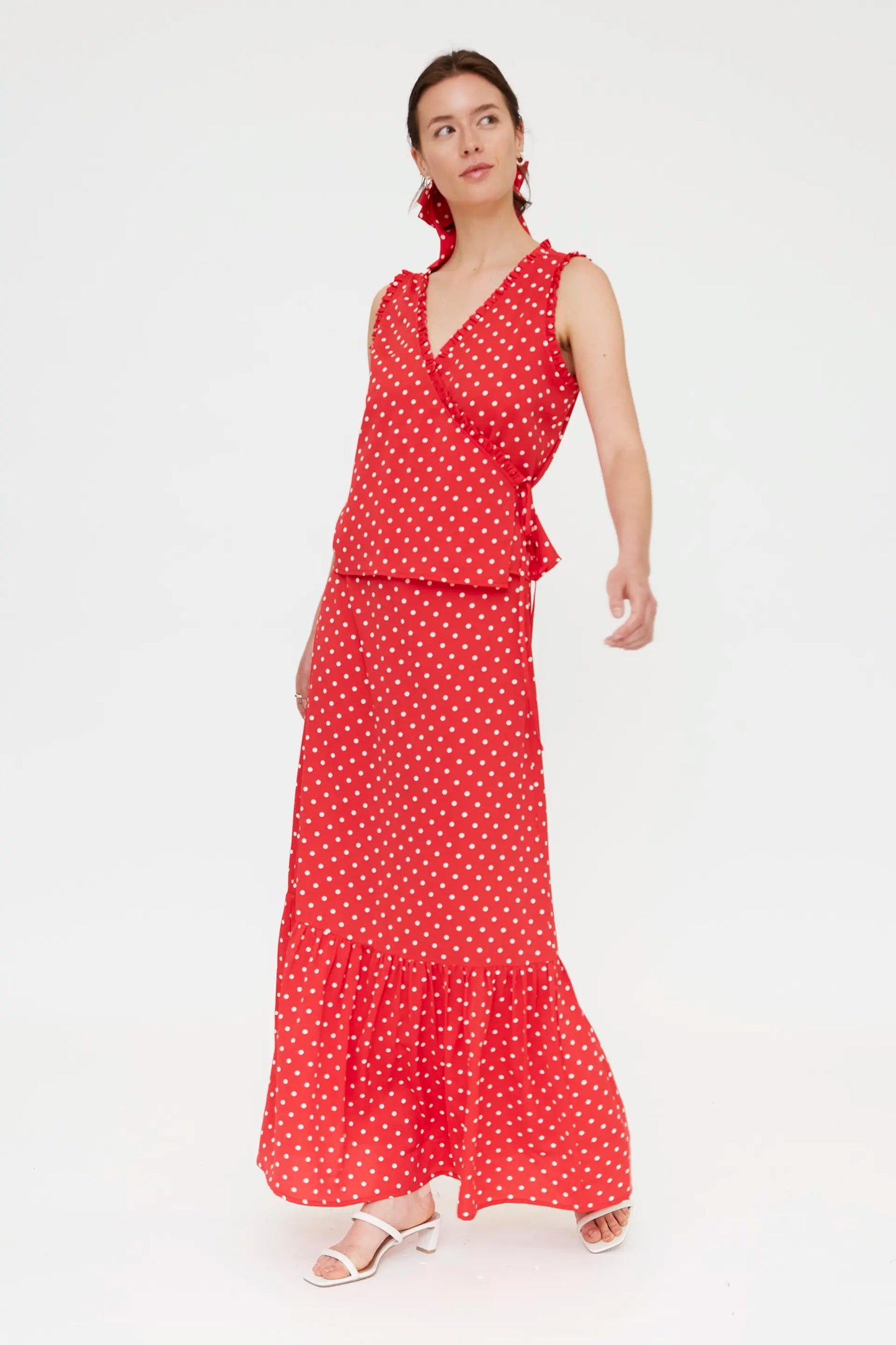 Falda larga con estampado mini dots rojo