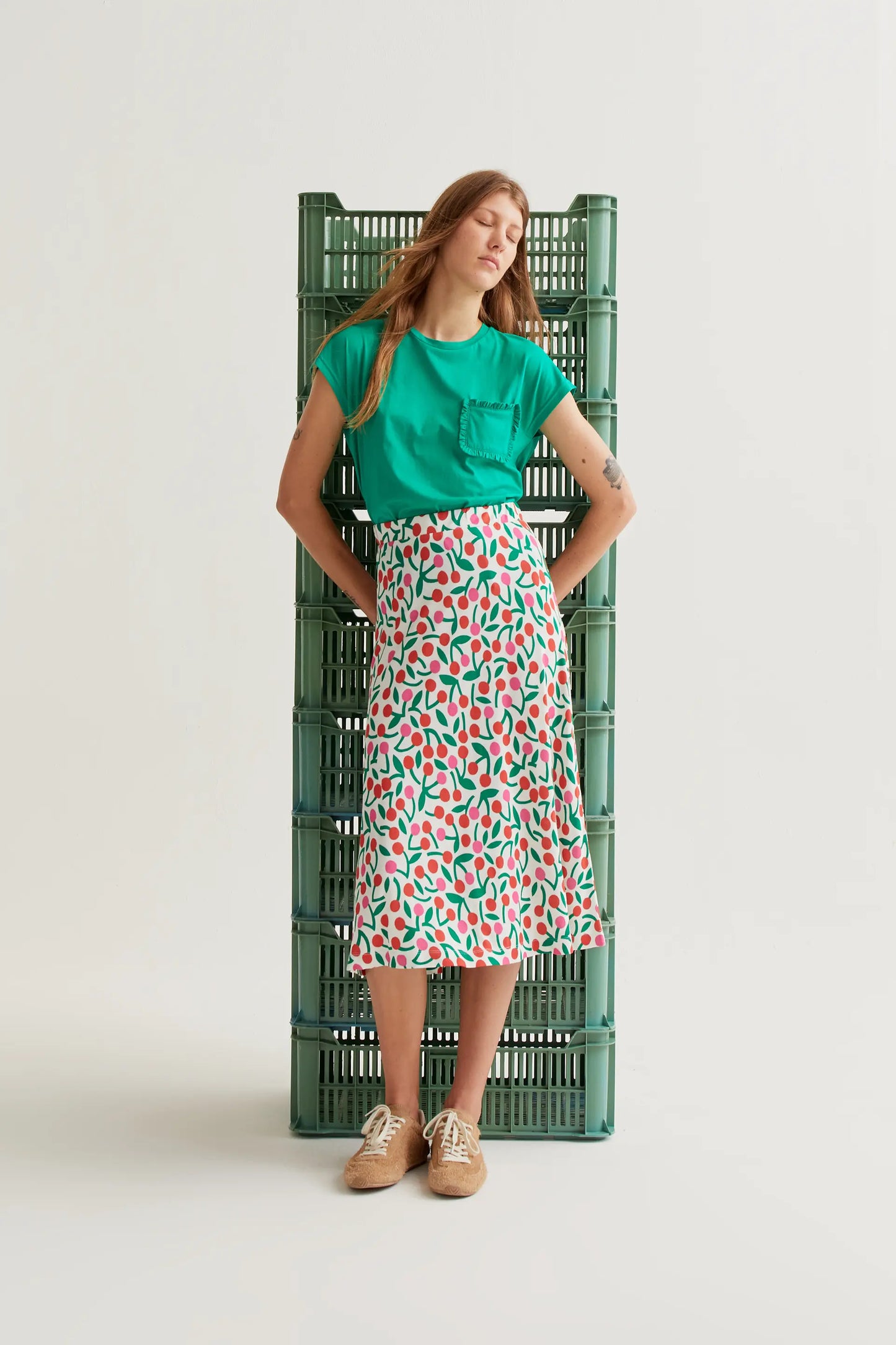 Falda midi con estampado Guinda