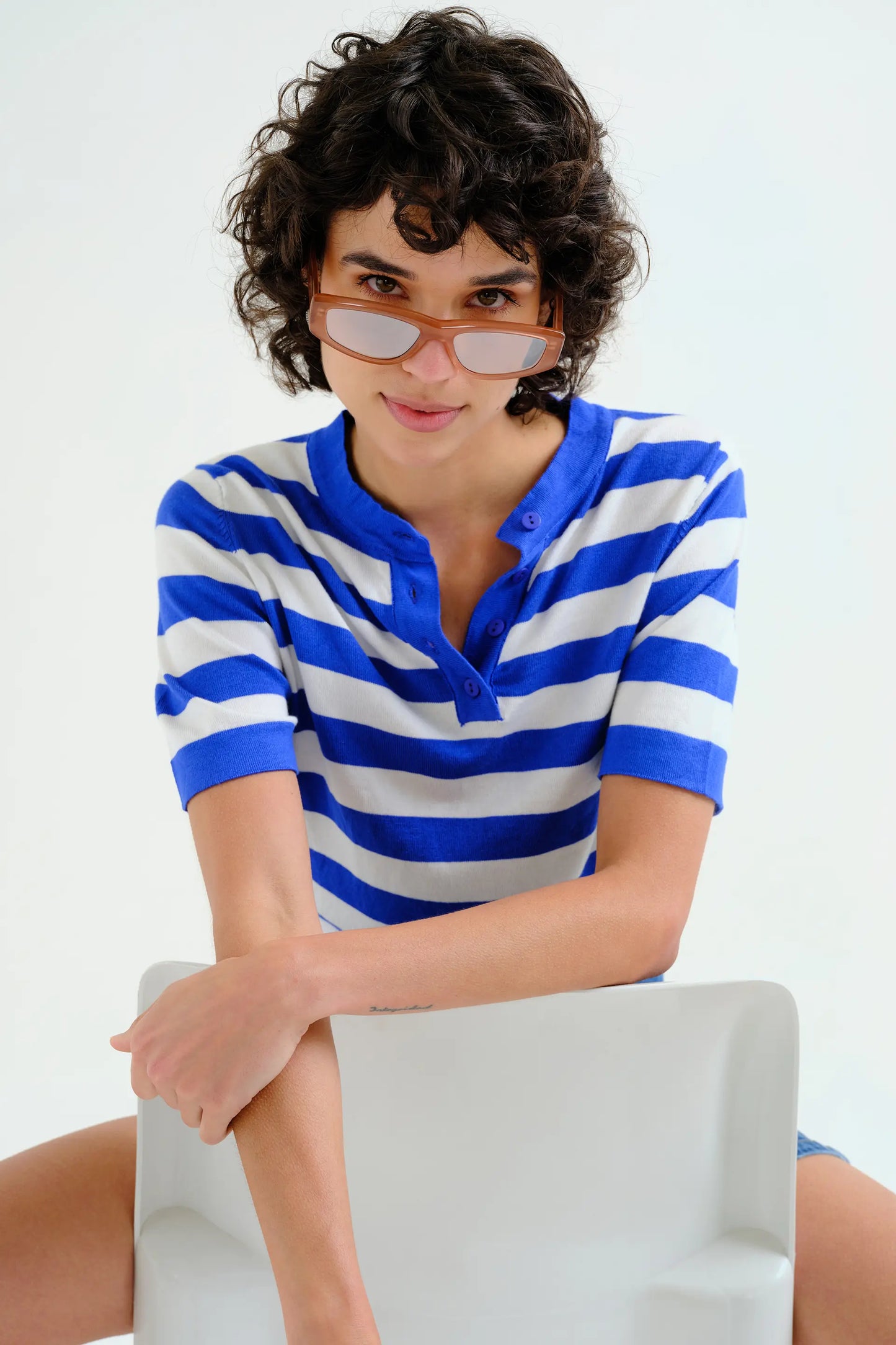 Top with white and blue striped print