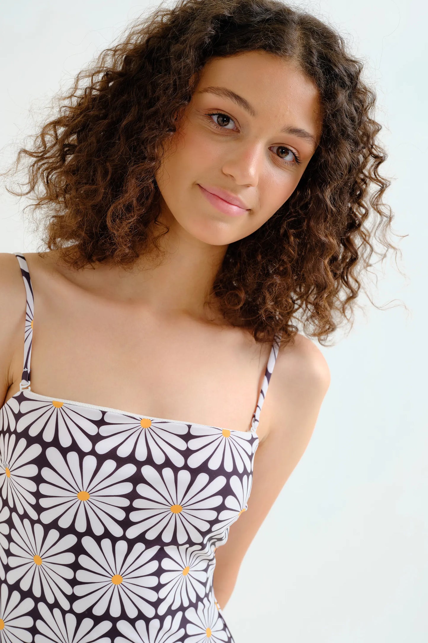 Olive Flower Print Straight Neck Swimsuit Black