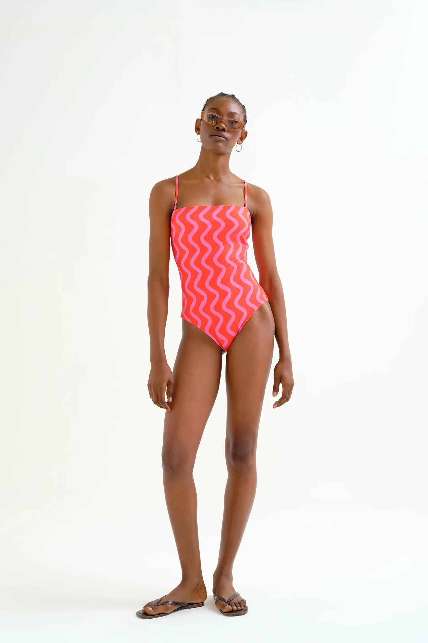 Costume da bagno con scollatura dritta, stampa Wave Red & Pink