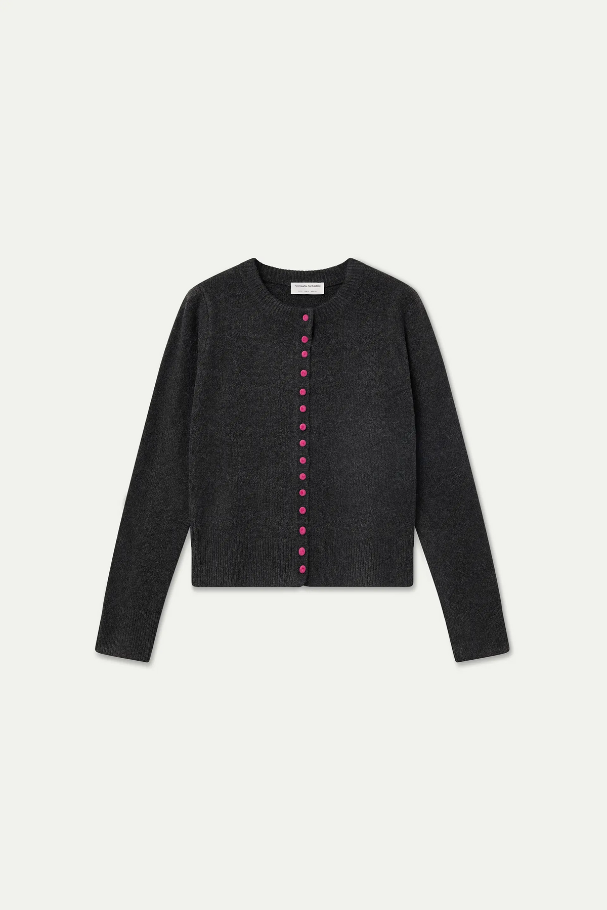 Cárdigan gris oscuro con botones rosa