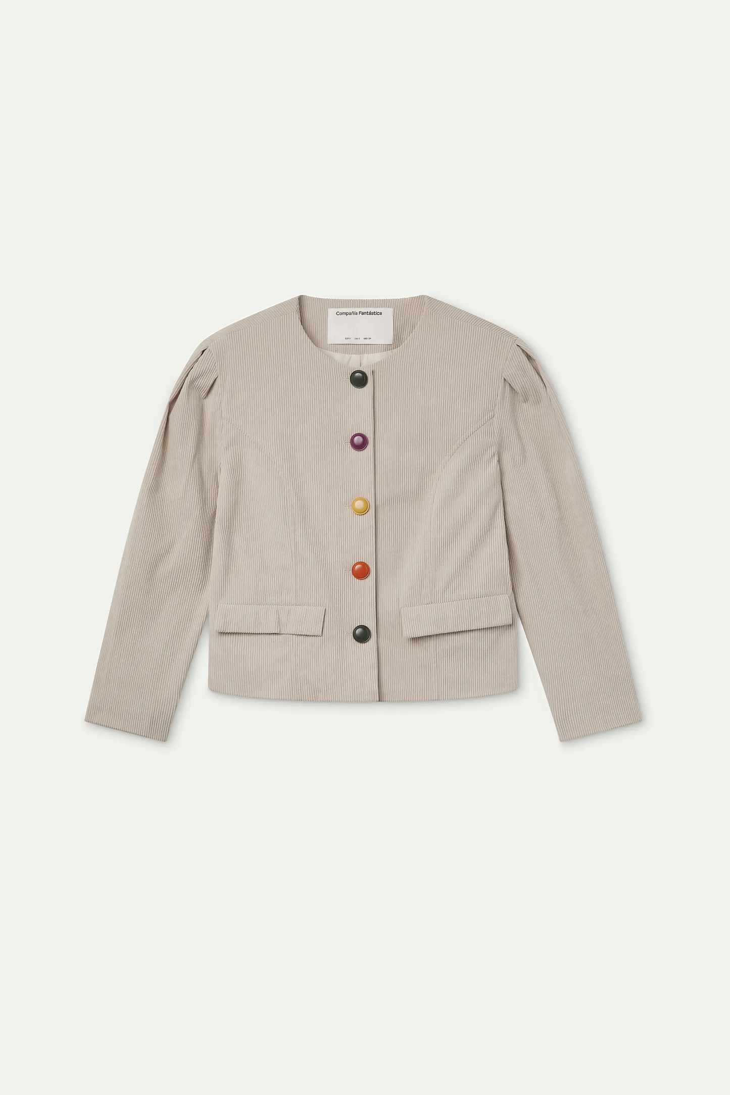 Chaqueta de pana beige con botones multicolor