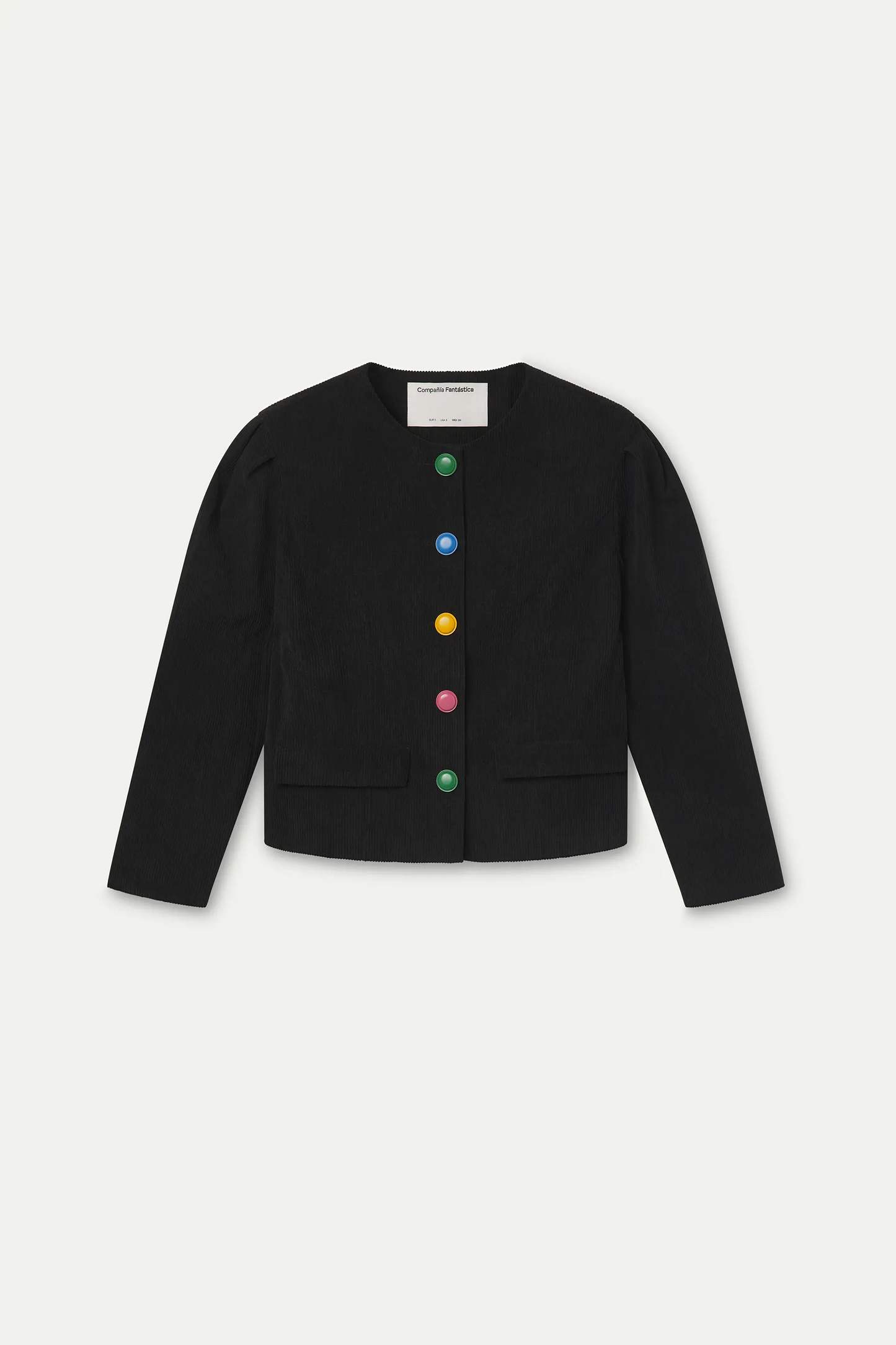 Chaqueta de pana negra con botones multicolor