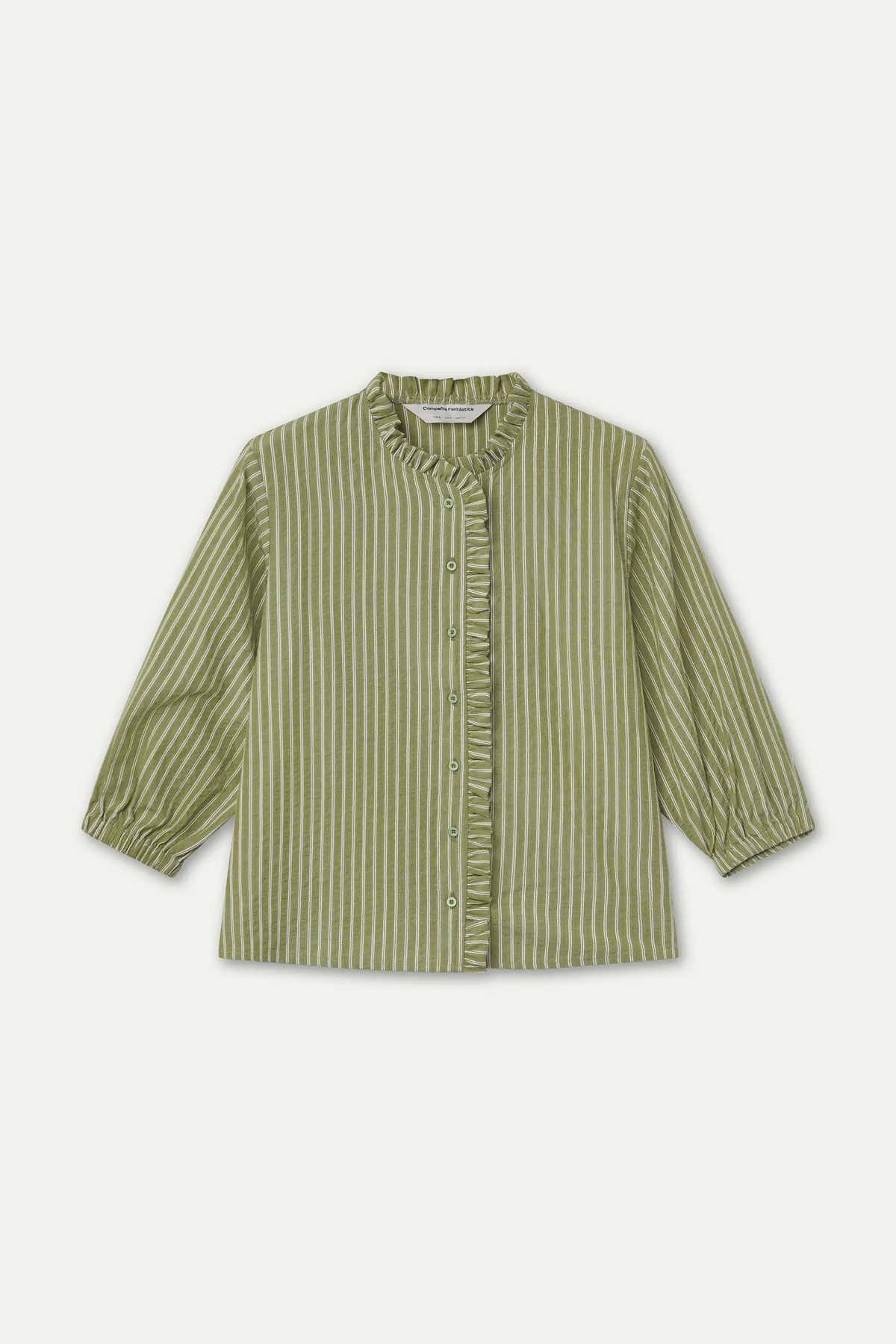 Camisa de rayas verde claro con detalle de volantes