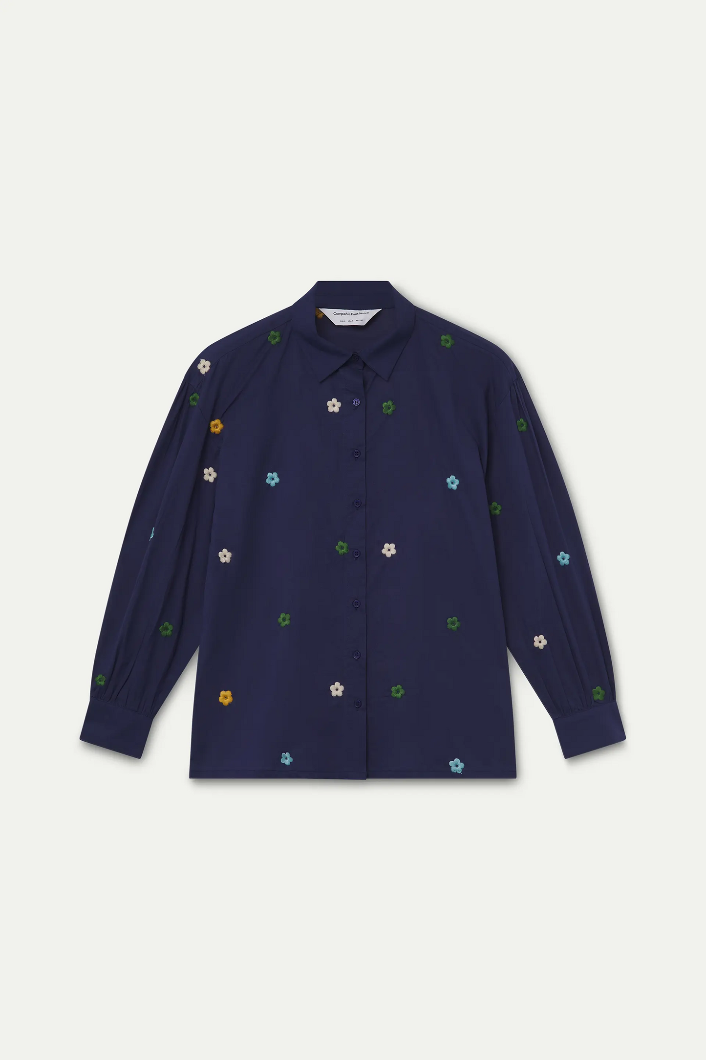 Camisa 100% algodón azul marino con bordado de flores