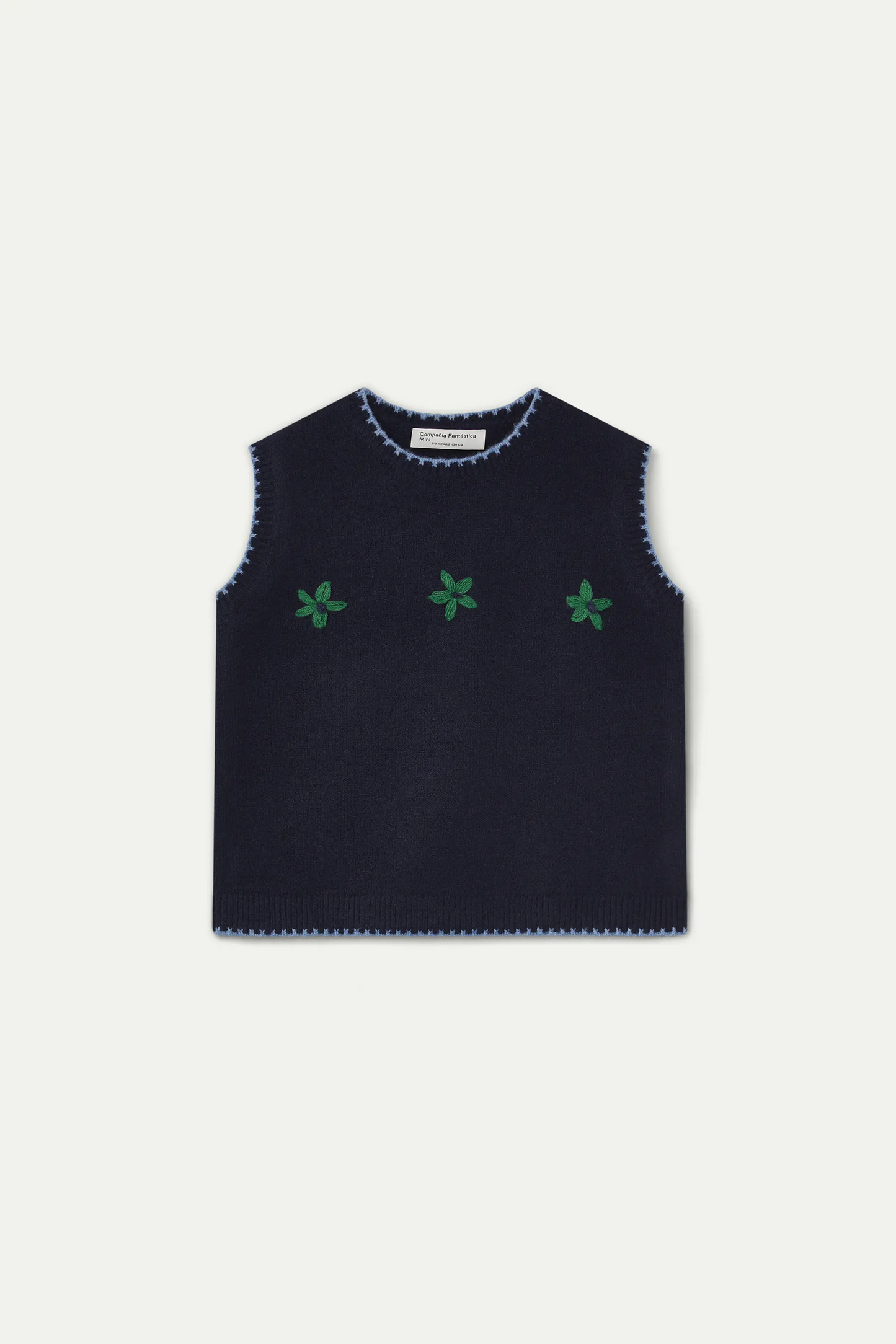 Navy blue girls' vest with green floral embroidery