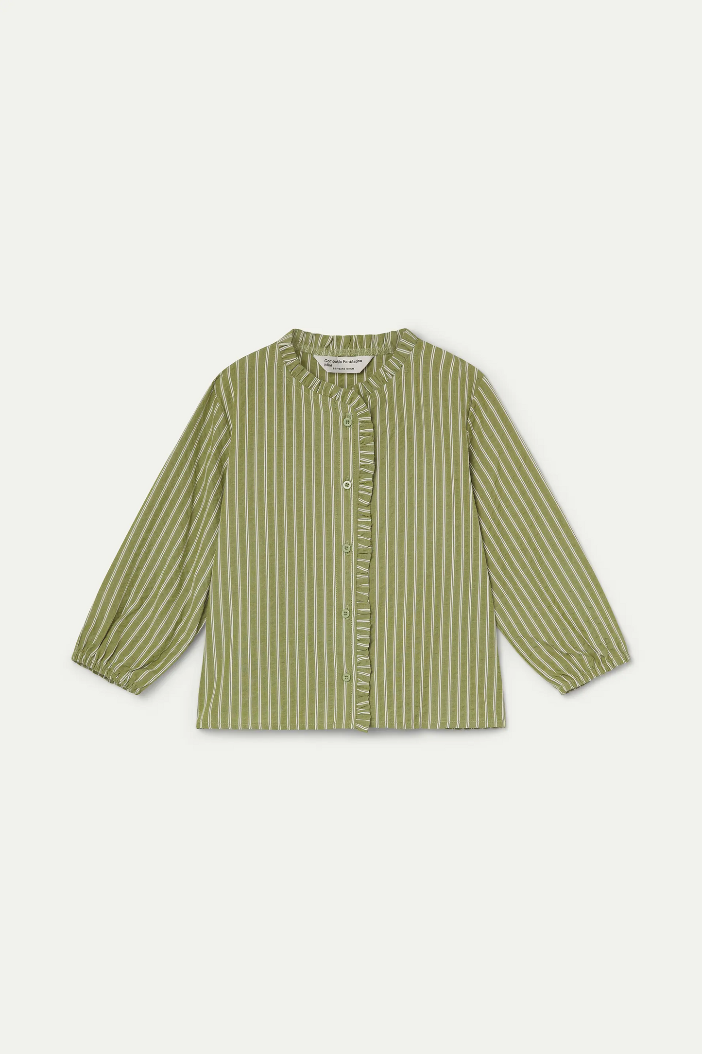 Camisa de niña con mezcla algodón con estampado de rayas verde y blanco