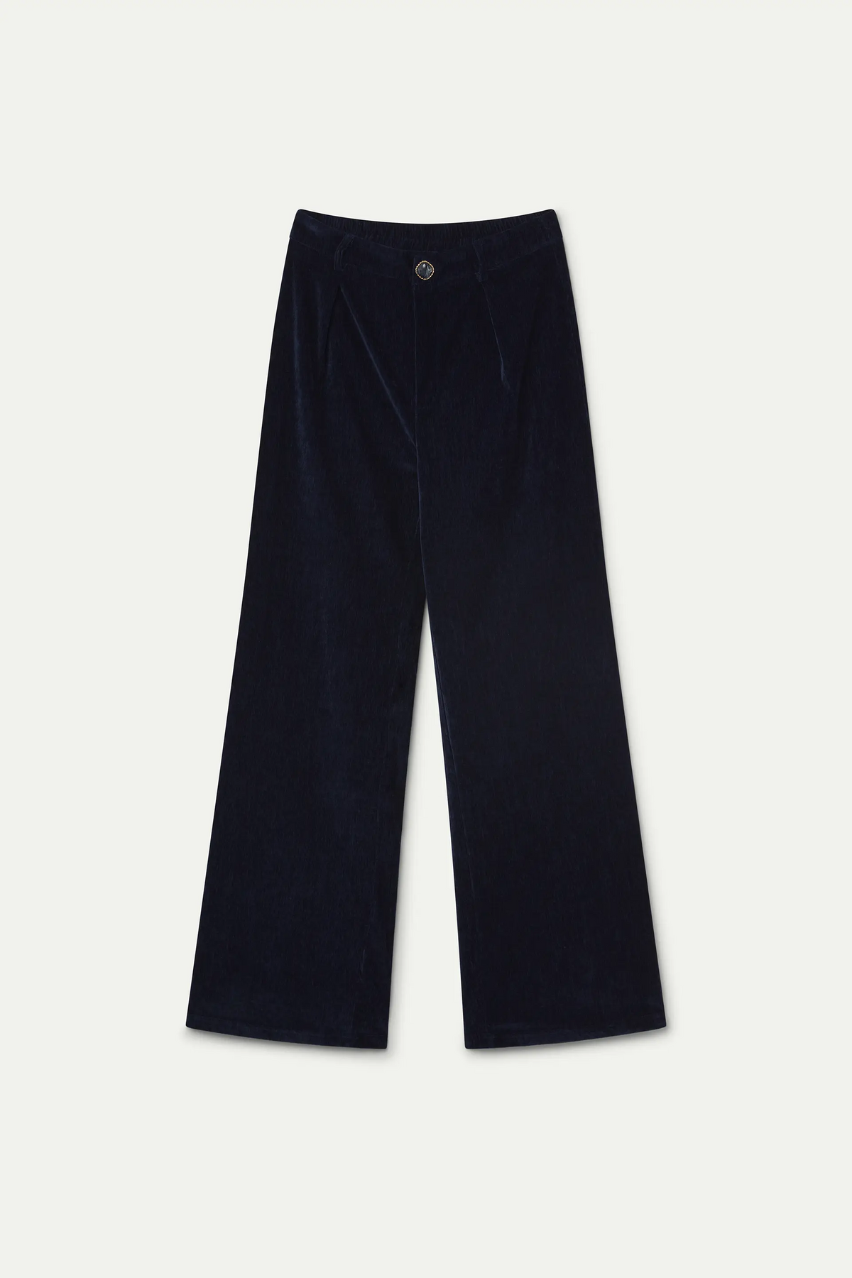 Navy velvet trousers with jewel button