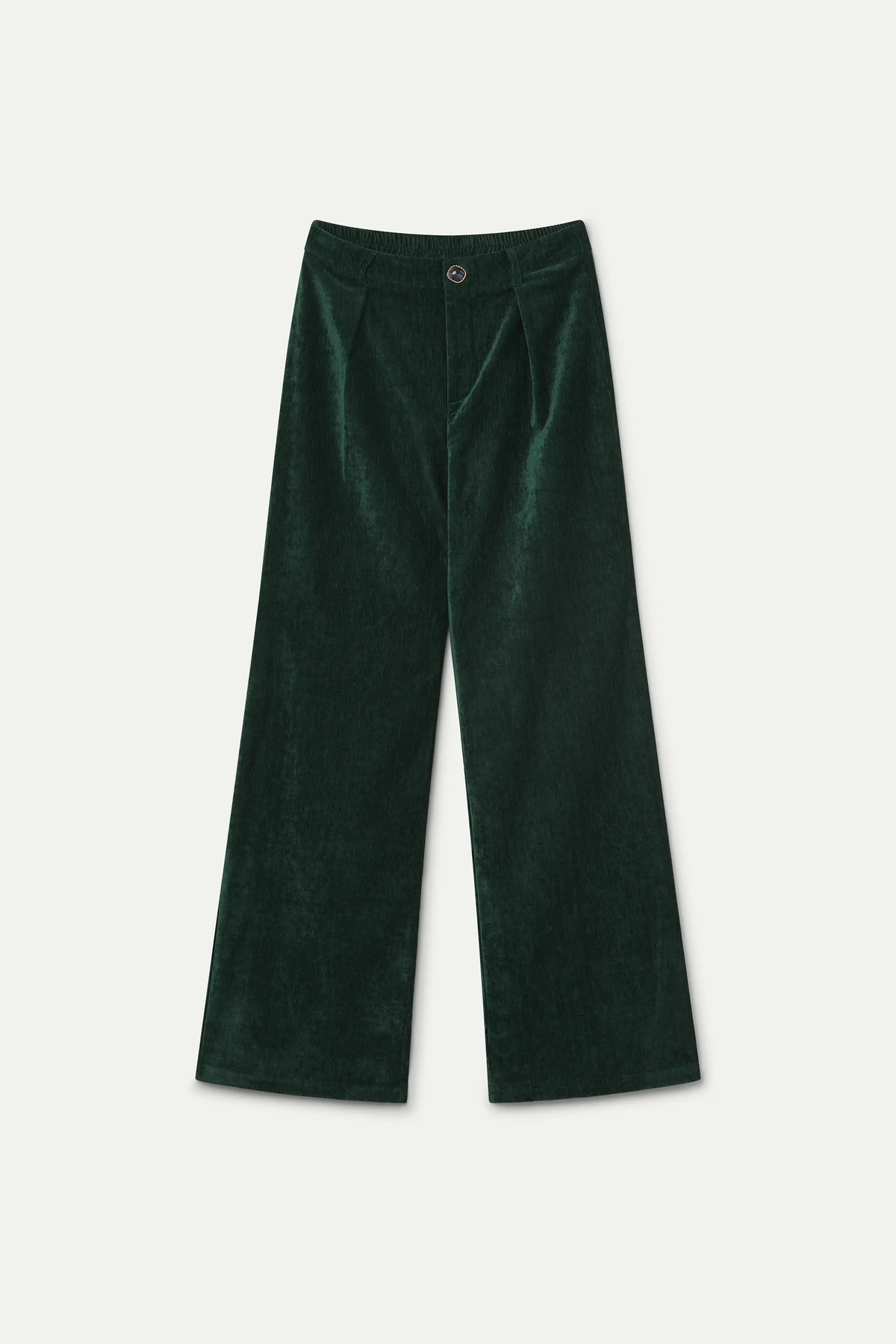 Pantalone in velluto verde scuro con bottone gioiello
