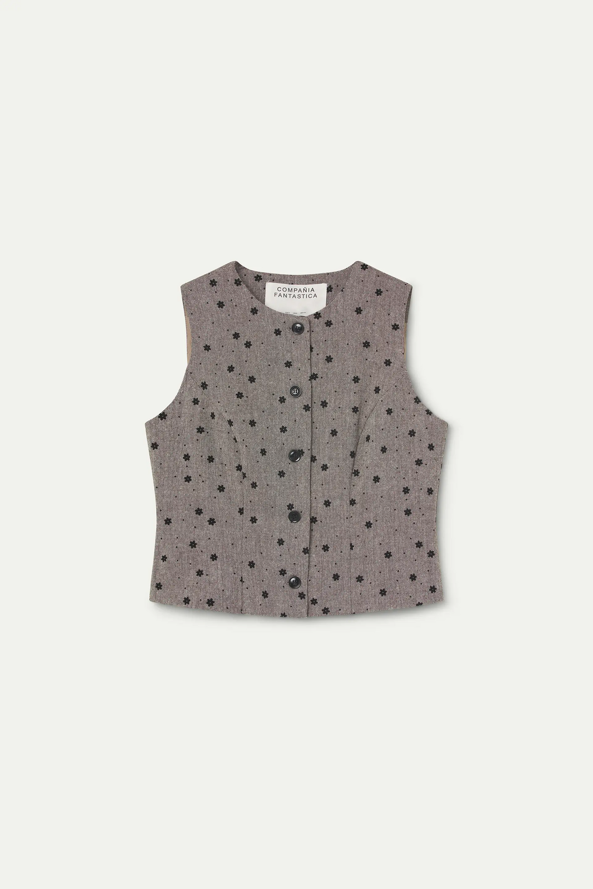 Chaleco tweed gris con flores negras bordadas