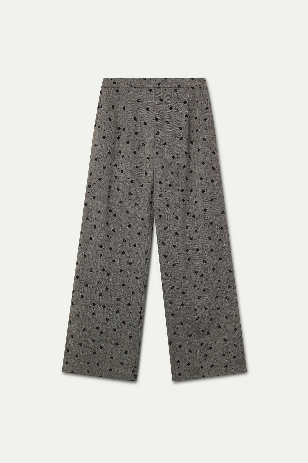 Pantalón tweed gris con flores negras bordadas