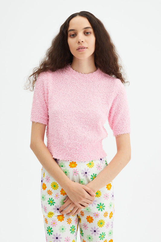 Jersey de punto con textura y manga corta rosa