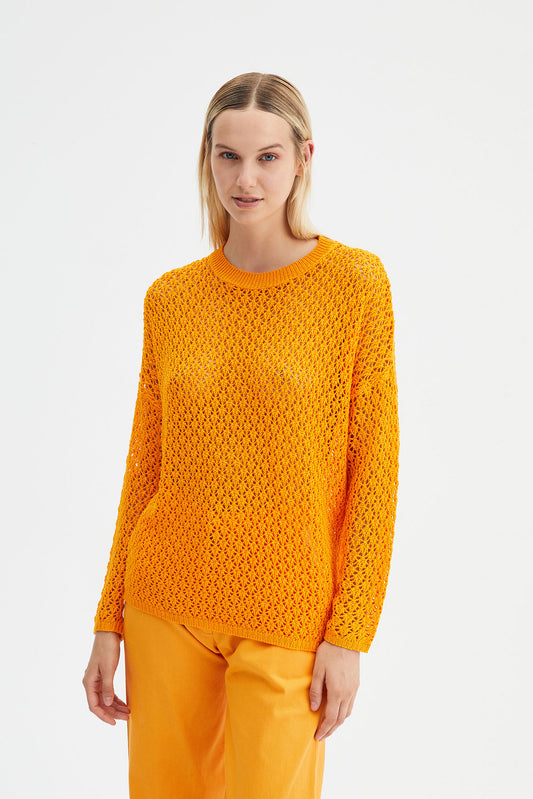 Jersey oversize de crochet y manga larga naranja