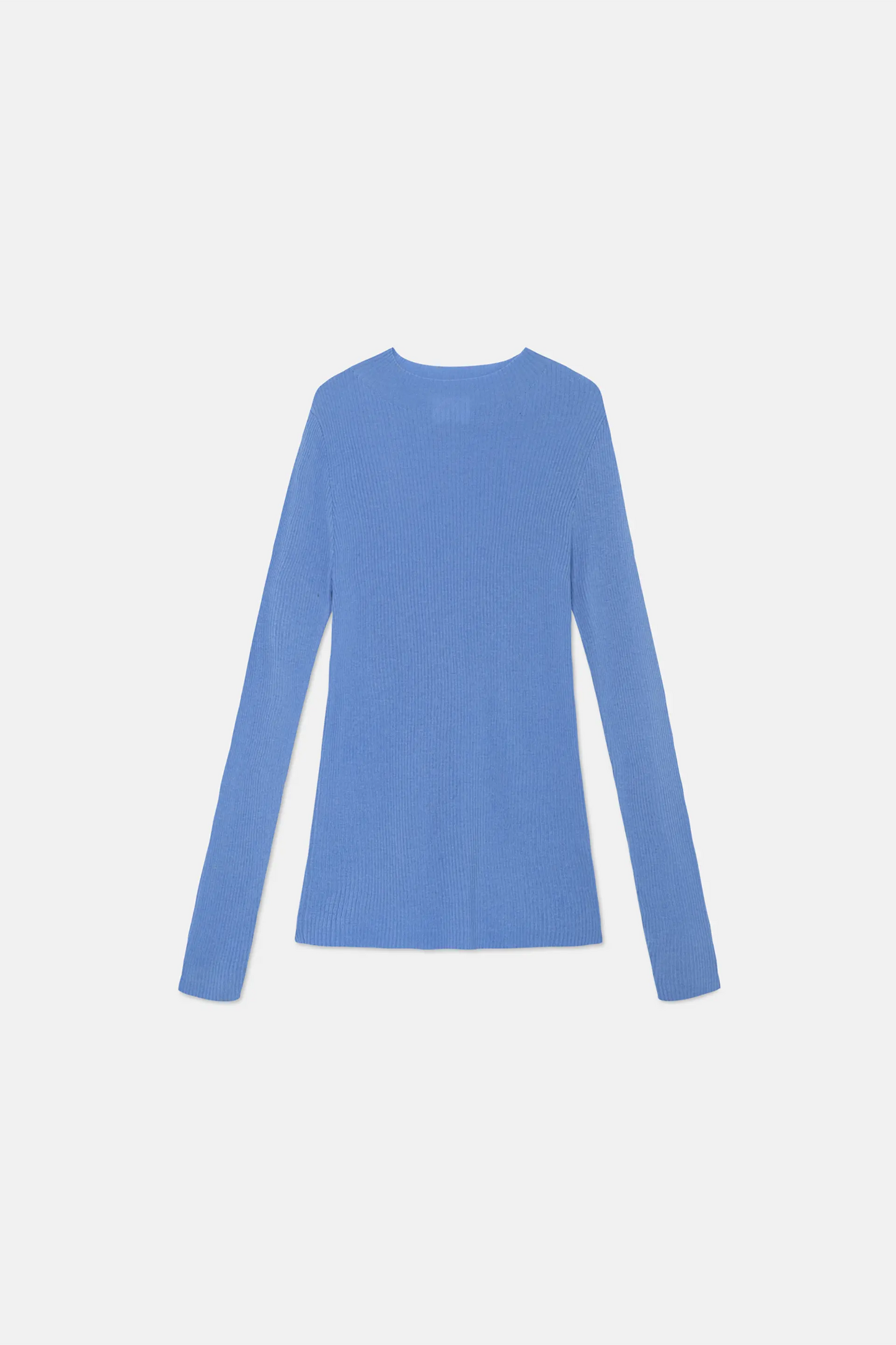 Blue ribbed knit sweater with perkins collar