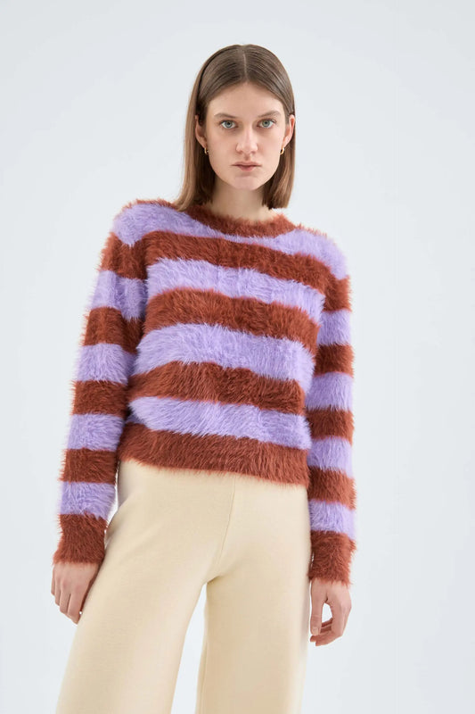 Brown Stripe Print Textured Knit Sweater