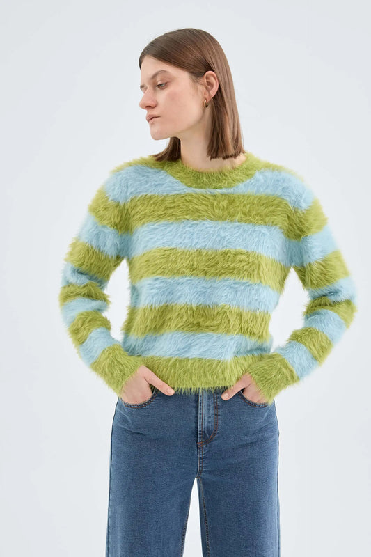 Textured knit sweater with green striped print