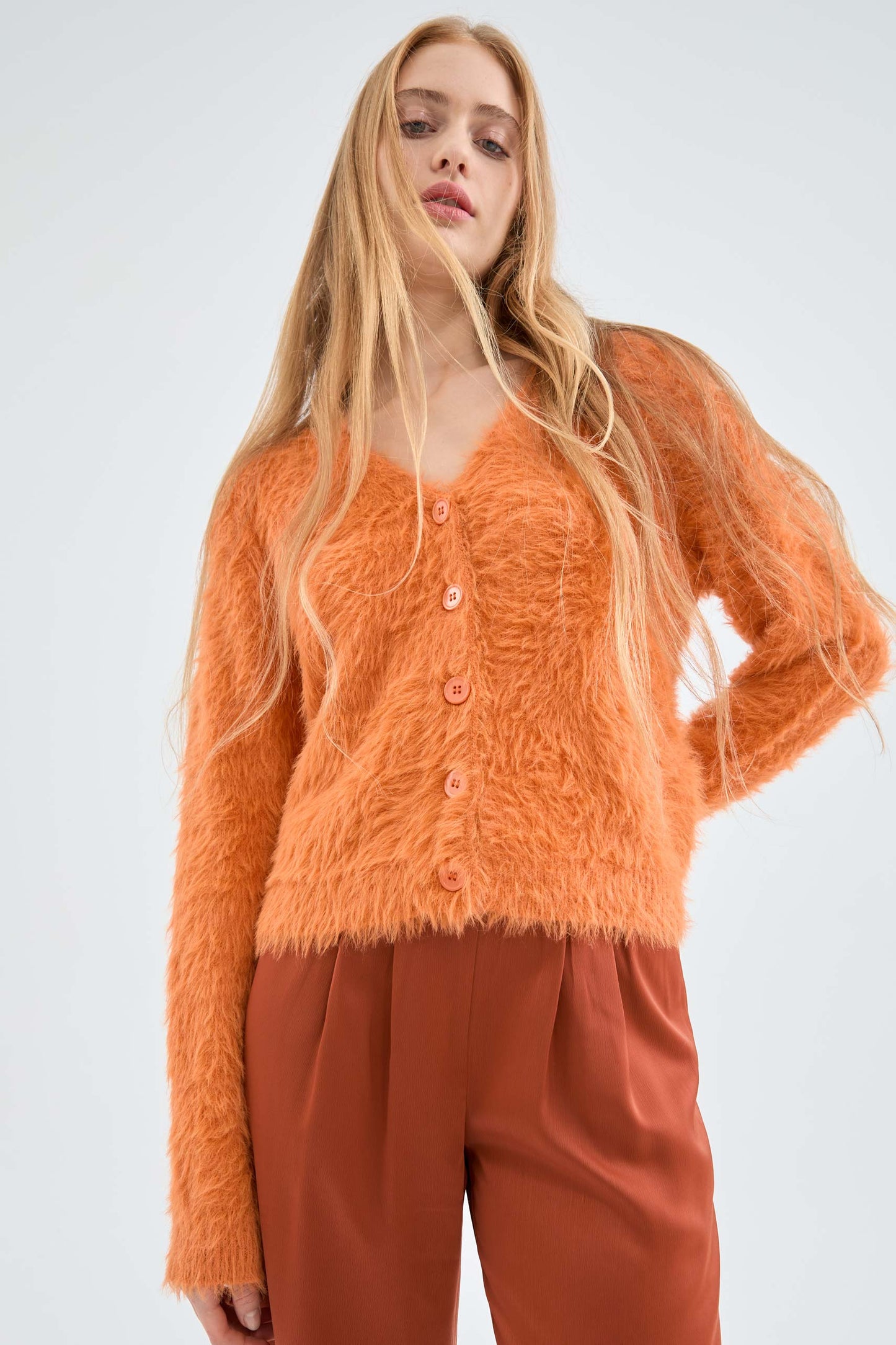 Orange Textured Knit Cardigan