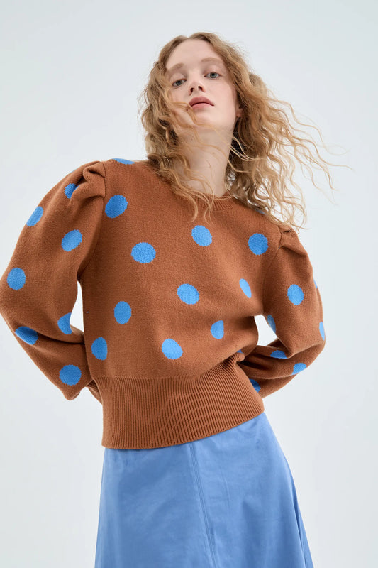 Brown Polka Dot Print Puff Sleeve Knitted Sweater