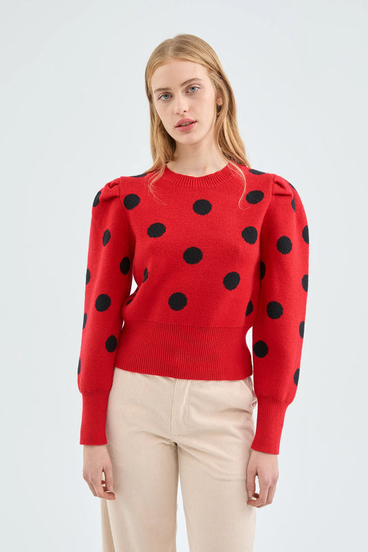 Red Polka Dot Print Puff Sleeve Knitted Sweater