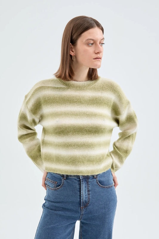 Knitted crop sweater with green striped print