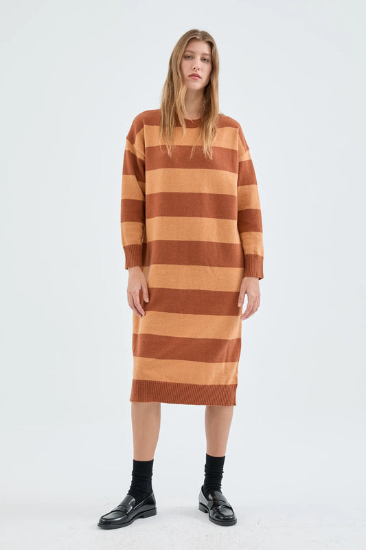 Brown Stripe Print Knitted Midi Dress
