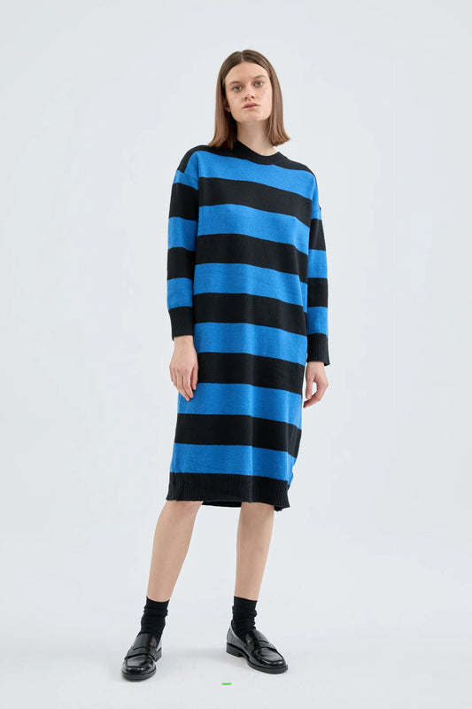 Blue Stripe Print Knitted Midi Dress