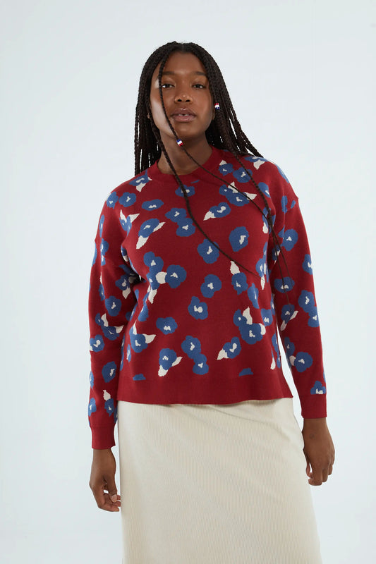 Red Floral Print Knitted Sweater