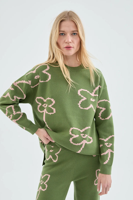 Flower Print Knitted Sweater