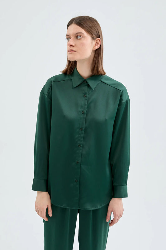 Green Satin Long Sleeve Shirt