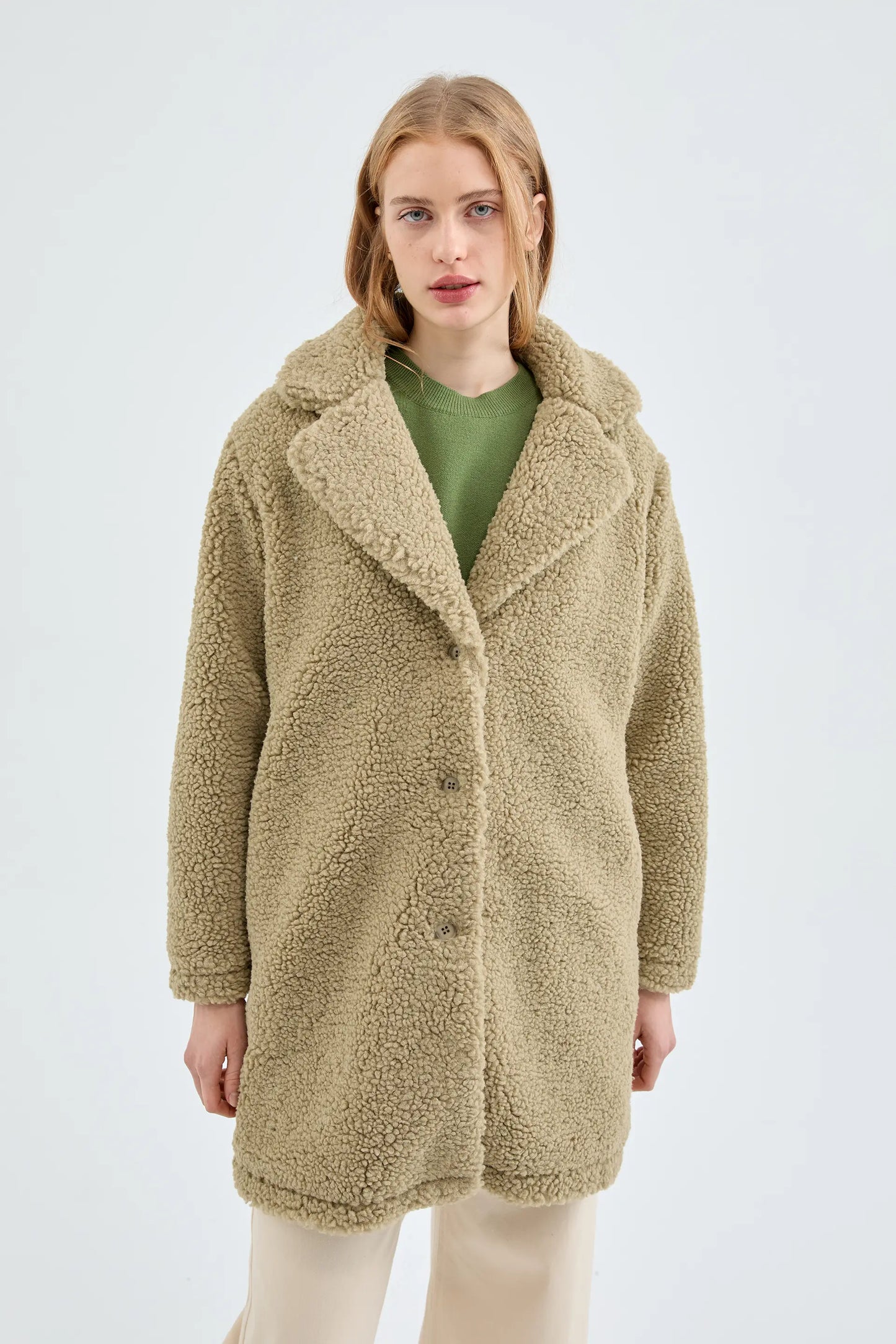 Short green shearling coat