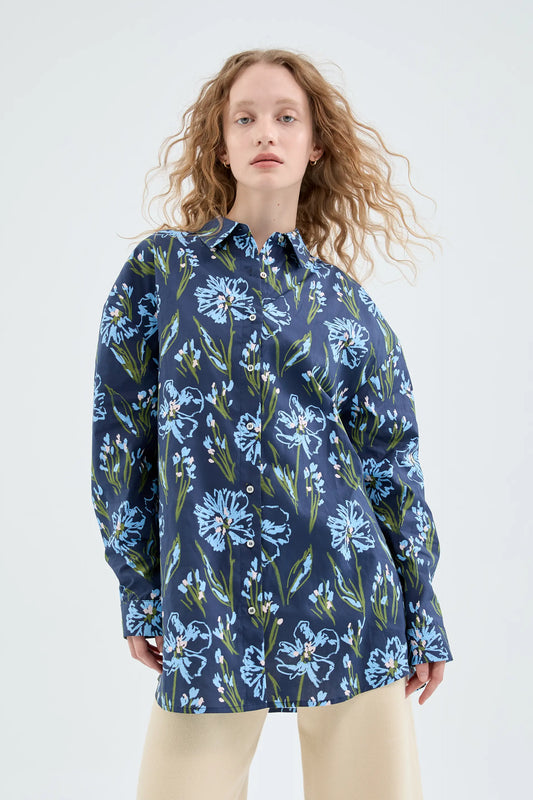 Oversized poplin shirt with blue floral print