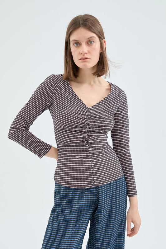 Pink Check Print Draped Fitted Top