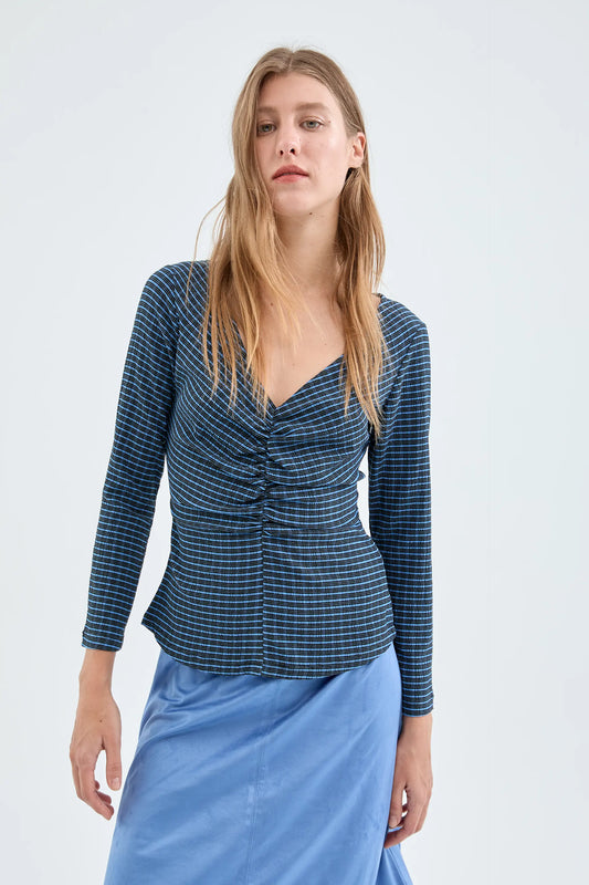 Blue Check Print Draped Fitted Top