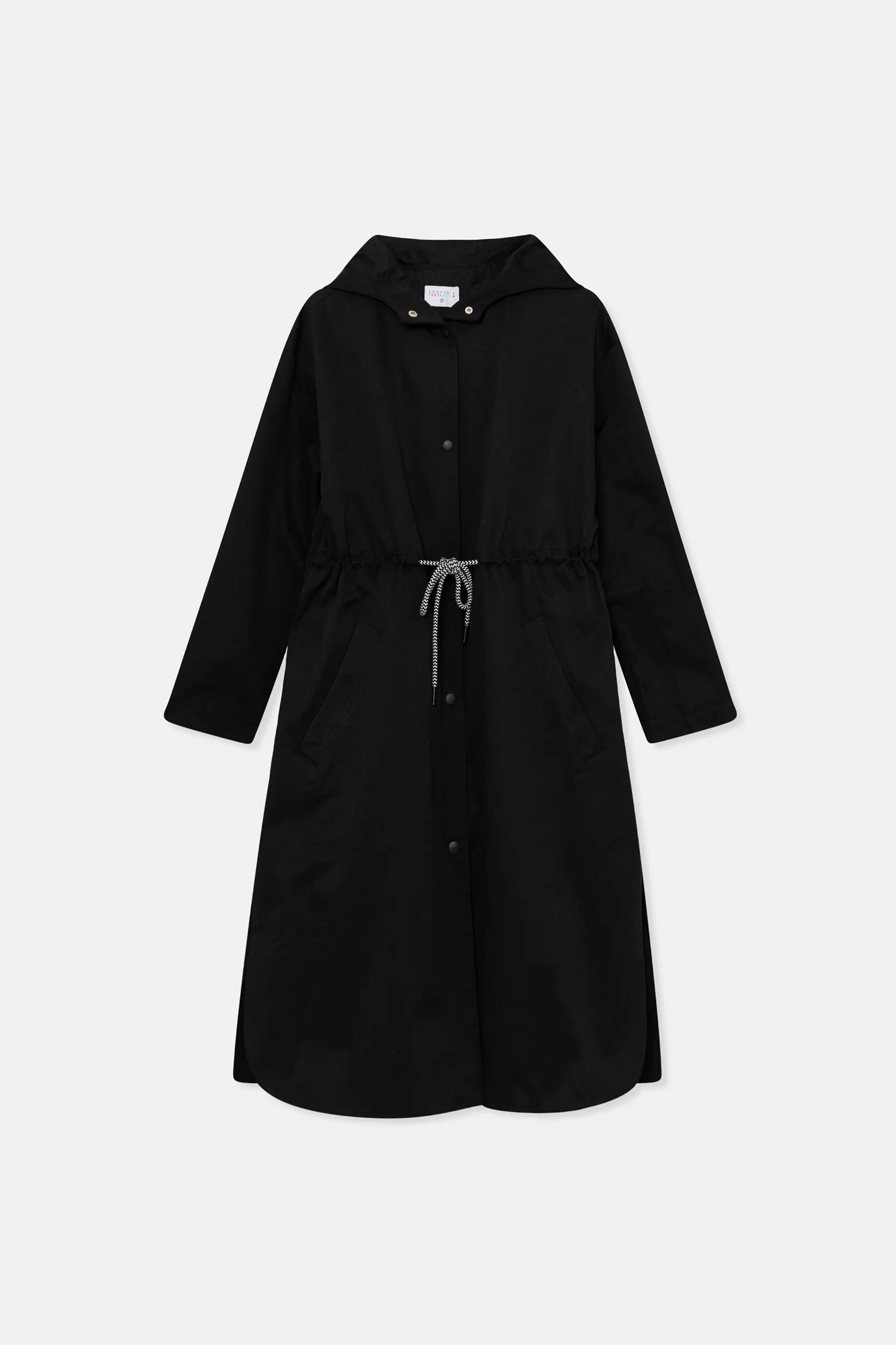 Black Hooded Trench Coat with Drawstring Waist